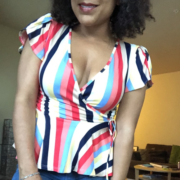 Rainbow striped wrap style top, short sleeve NEW - Picture 6 of 6
